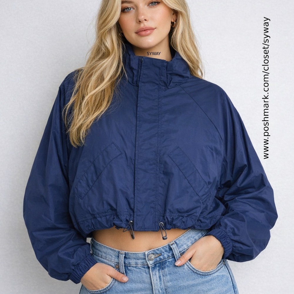 OFFLINE By Aerie Blue Nylon High Neck Cropped Full Zip Windbreaker